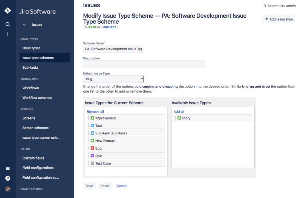 Modify issue type scheme jira